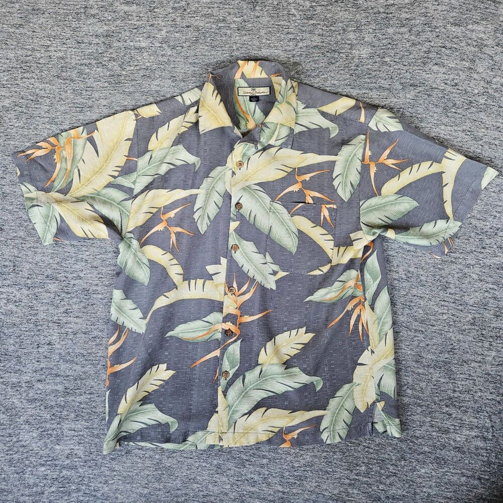 Tommy Bahama Shirt Adult M Silk Gray Print Bird of Paradise Hawaiian Mens Casual